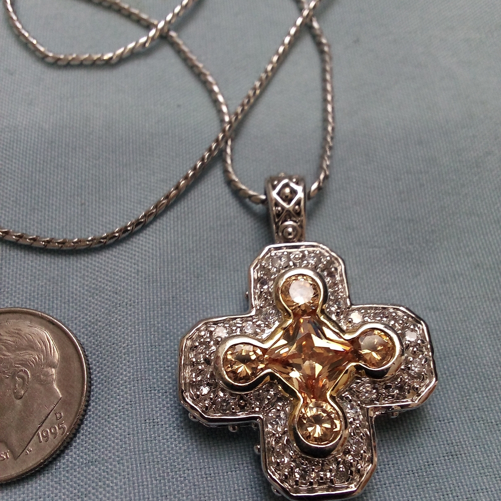 Silver Tone Cross Pendant Necklace with Champagne Stones